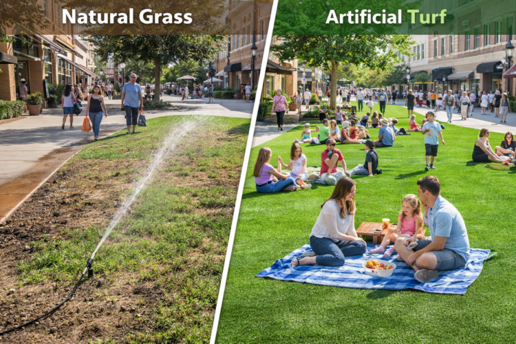 split image of a retail outdoor shopping center. Left side is natural grass. Right side has turff